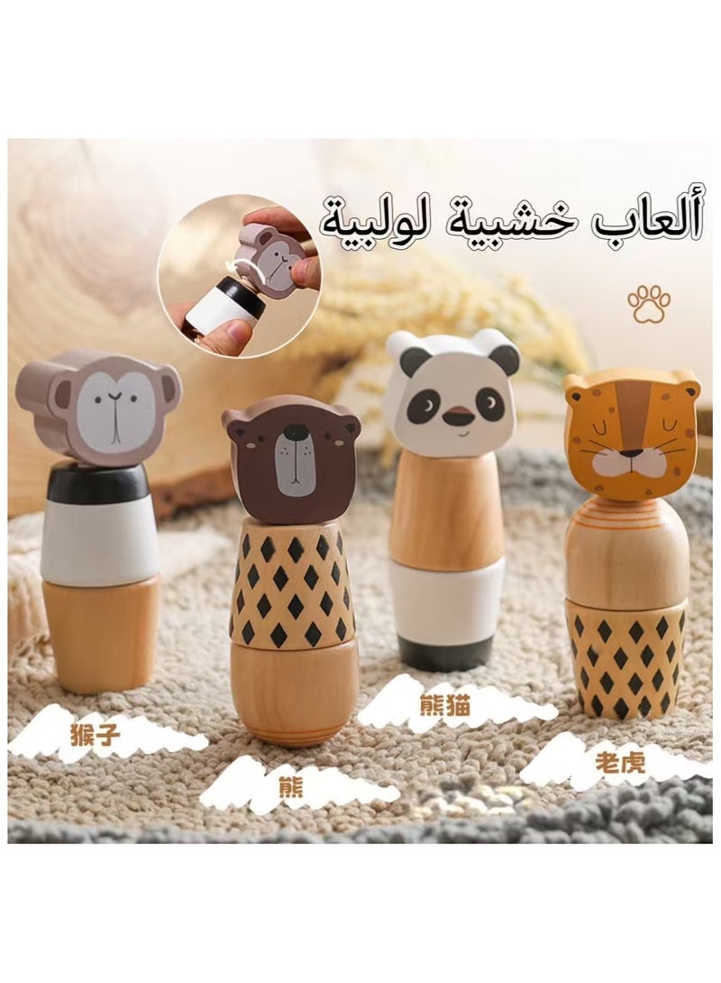 4 pcs Wooden Animal Puzzle Toy for Toddlers 1-3 age, Rotating Spin Twist Blocks Set of 4, Learning Educational Montessori Toy Gifts for Kids Boys Girls,Montessori educational educational toy gifts for kids boys and girls, monkey,  bear, lion and panda - Image 1