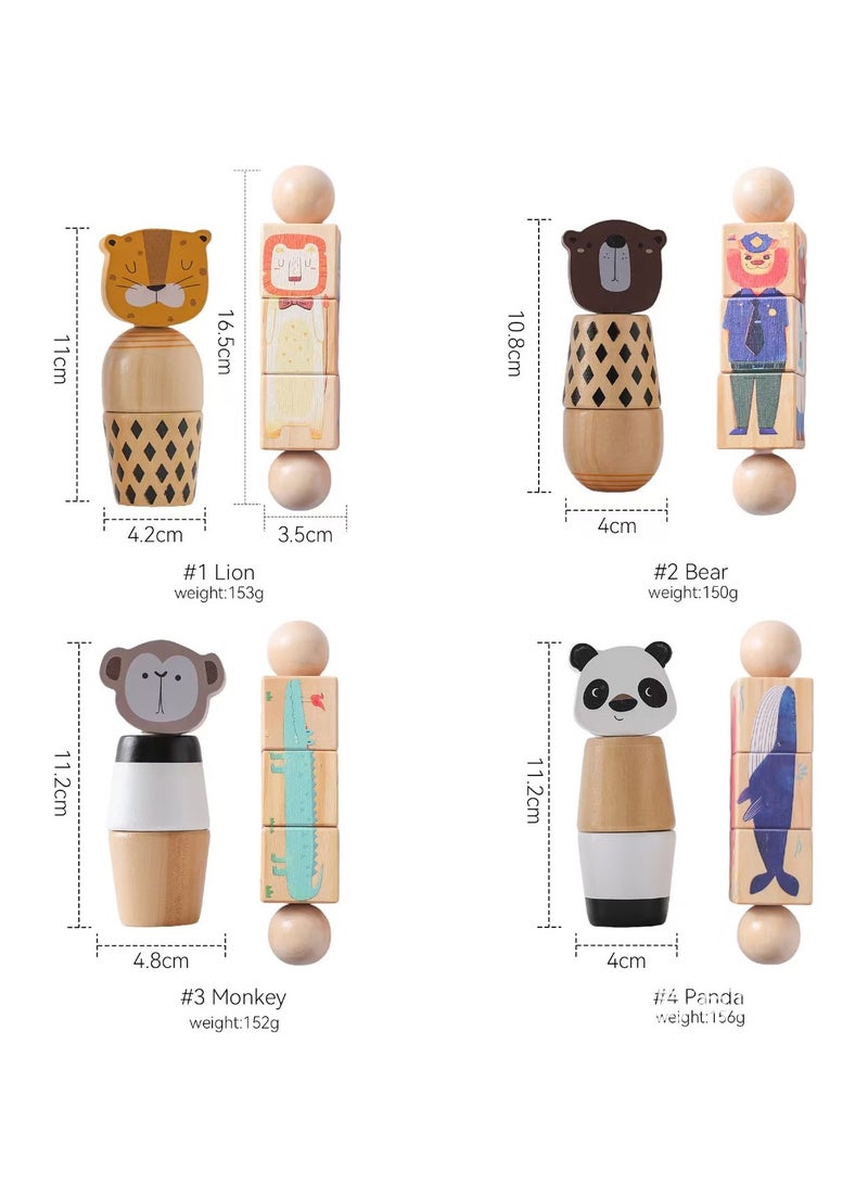 4 pcs Wooden Animal Puzzle Toy for Toddlers 1-3 age, Rotating Spin Twist Blocks Set of 4, Learning Educational Montessori Toy Gifts for Kids Boys Girls,Montessori educational educational toy gifts for kids boys and girls, monkey,  bear, lion and panda - Image 5