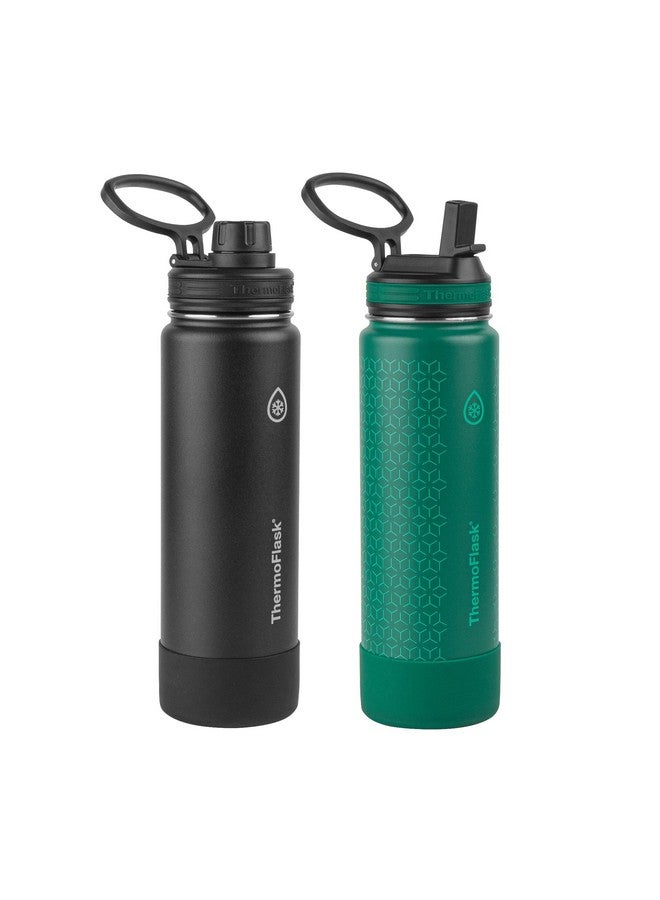 ThermoFlask 24 oz Double Wall Vacuum Insulated Stainless Steel 2-Pack of Water Bottles, Black/Malachite - Image 1