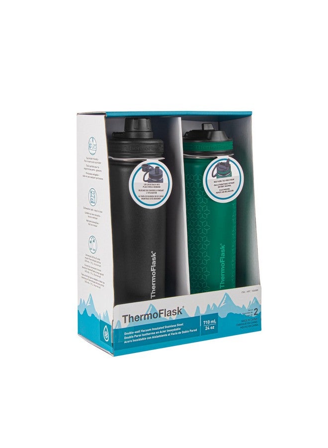ThermoFlask 24 oz Double Wall Vacuum Insulated Stainless Steel 2-Pack of Water Bottles, Black/Malachite - Image 2