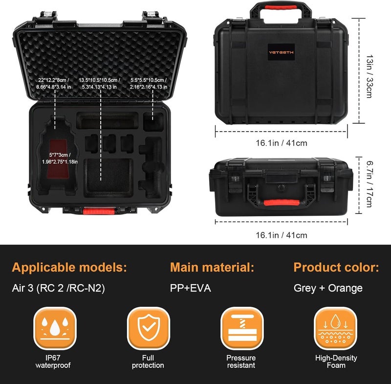 YETEETH حافظة يتيث الصلبة لطائرة DJI Air 3، حافظة مقاومة للماء والضغط لملحقات DJI Air 3 - تناسب أحدث جهاز تحكم DJI RC 2/RC-N2 - Image 2