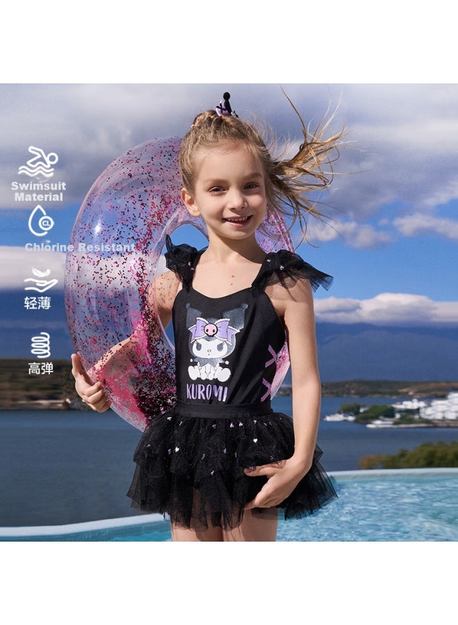 Aimer Kids Holiday Swimsuit Kuromi Ip Girls' One-Piece Swimsuit Set, Black Swan Kuromi, 120 - Image 1