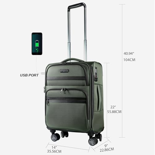 KROSER Softside Expandable Carry On Luggage with Front Business Pockets20 Inch Suitcases with Spinner Wheels Builtin TSA Lock Durable Suitcase Rolling Luggage with USB Port Army Green - Image 3