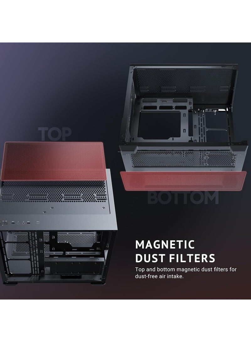 صندوق ألعاب كمبيوتر ATX ميني تاور، مع 5 مراوح ARGB بحجم 120 مم، زجاج مقسى، دعم لـ 7 مراوح، تبريد مائي يصل إلى 360 مم (أسود) - Image 3