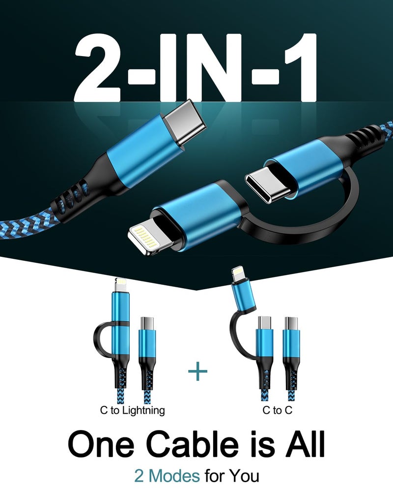 كابل شحن متعدد USB-C، سلك شحن سريع USB-C إلى البرق/النوع C 2 في 1، [قطعتان/6 أقدام] كابل مضفر لأنظمة Android و iPhone USB-C لهاتف iPhone 17 Air 16 15 Pro Max 14 13 12 11 iPad Galaxy Pixel - Image 3