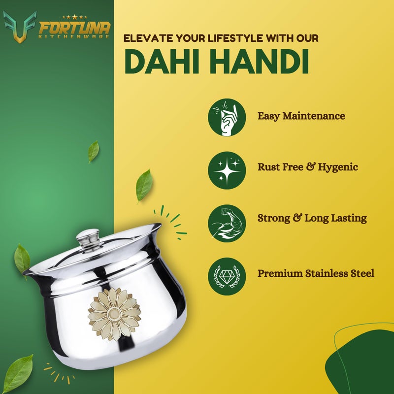 Fortuna Kitchenware, 1000ml, 20 Gauge Stainless Steel Dahi Handi/Curd Pot with Lid | Stainless Steel Handi for Kitchen (Flower, 1 Litre) - Image 3