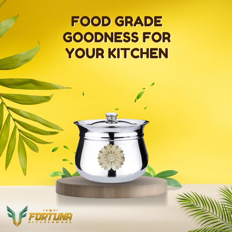 Fortuna Kitchenware, 1000ml, 20 Gauge Stainless Steel Dahi Handi/Curd Pot with Lid | Stainless Steel Handi for Kitchen (Flower, 1 Litre) - Image 5