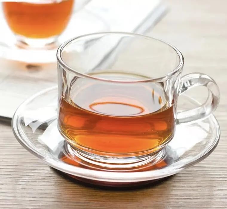 bellemax Premium Classic Glass Tea & Coffee Cup and Saucer (6 Cups and 6 Saucers) - 190 ML, for Transparent Espresso Cappuccino hot Chocolate, Cups and Saucer Set for Coffee, Green Tea (BS-07) - Image 1