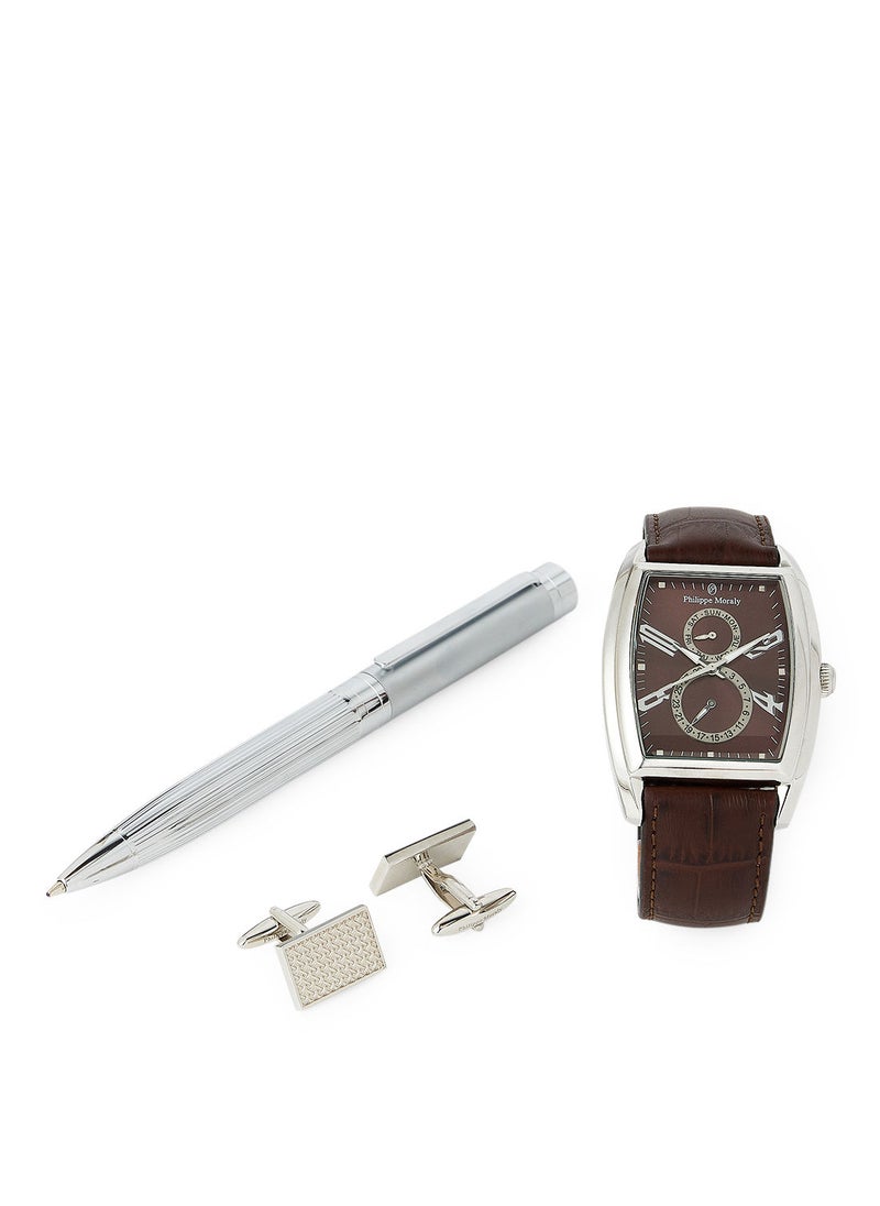 Philippe Moraly of Switzerland - Gift Set Watch, Pen And Cufflinks L14211470077W - 41mm - Brown - Image 1