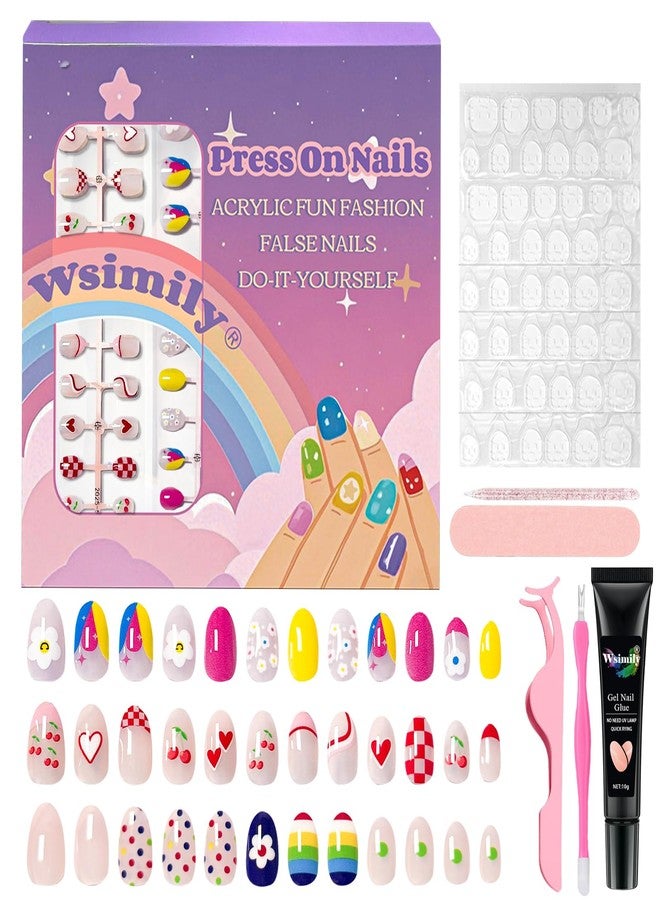 Wsimily 82 Piece Press on Nails for Kids, Wsimily 3 Pack Kawaii Children Fake Nails, False Nails Kit Colorful DIY Nail Art Decorations for Girls, with Jelly Nail Glue and Jelly Nail Adhesives Tools - Image 1