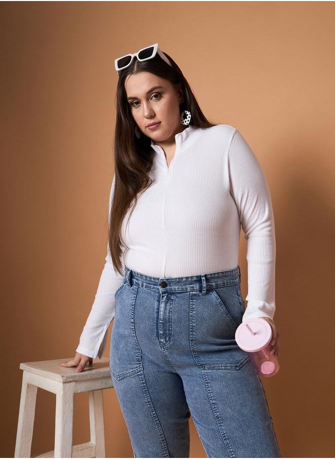 SASSAFRAS Plus Size Rib Knit Front Zipper High Neck Top by Styli  - Image 2