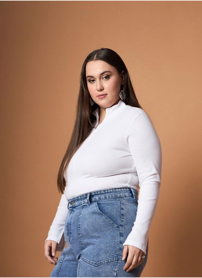 SASSAFRAS Plus Size Rib Knit Front Zipper High Neck Top by Styli  - Image 3