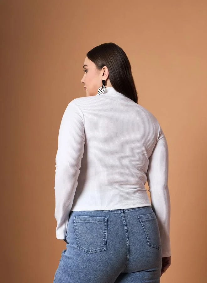 SASSAFRAS SASSAFRAS Plus Size Rib Knit Front Zipper High Neck Top
