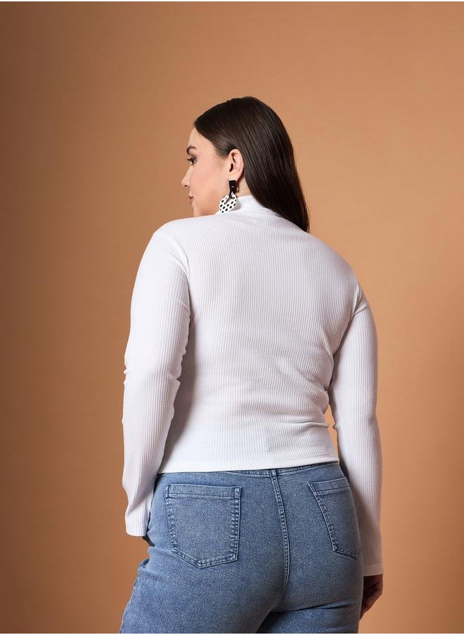 SASSAFRAS Plus Size Rib Knit Front Zipper High Neck Top by Styli  - Image 5