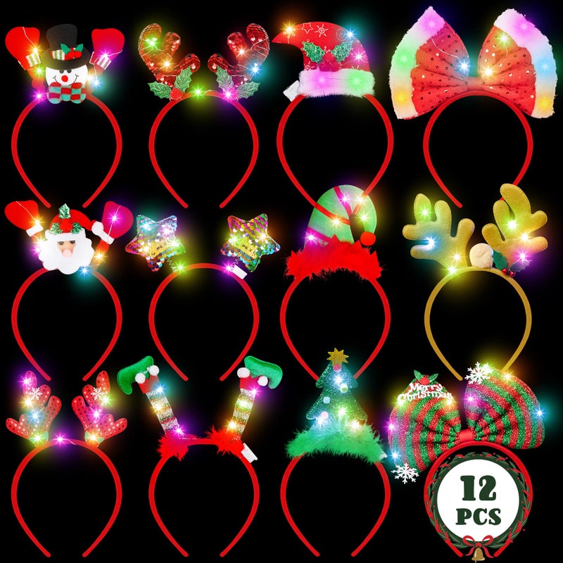 HOVACY 12 Pcs Light Up Christmas Headbands Xmas Head Toppers with LED Snowman Santa Elf Bow Tree Star Reindeer Antlers in 12 Styles Christmas Headwear for Ugly Sweater Party Supplies Accessory - Image 3