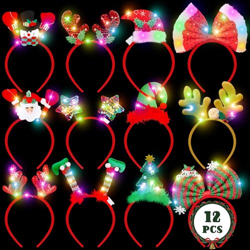 HOVACY 12 Pcs Light Up Christmas Headbands Xmas Head Toppers with LED Snowman Santa Elf Bow Tree Star Reindeer Antlers in 12 Styles Christmas Headwear for Ugly Sweater Party Supplies Accessory - Image 1