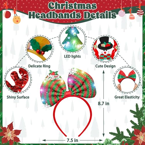 HOVACY 12 Pcs Light Up Christmas Headbands Xmas Head Toppers with LED Snowman Santa Elf Bow Tree Star Reindeer Antlers in 12 Styles Christmas Headwear for Ugly Sweater Party Supplies Accessory - Image 5