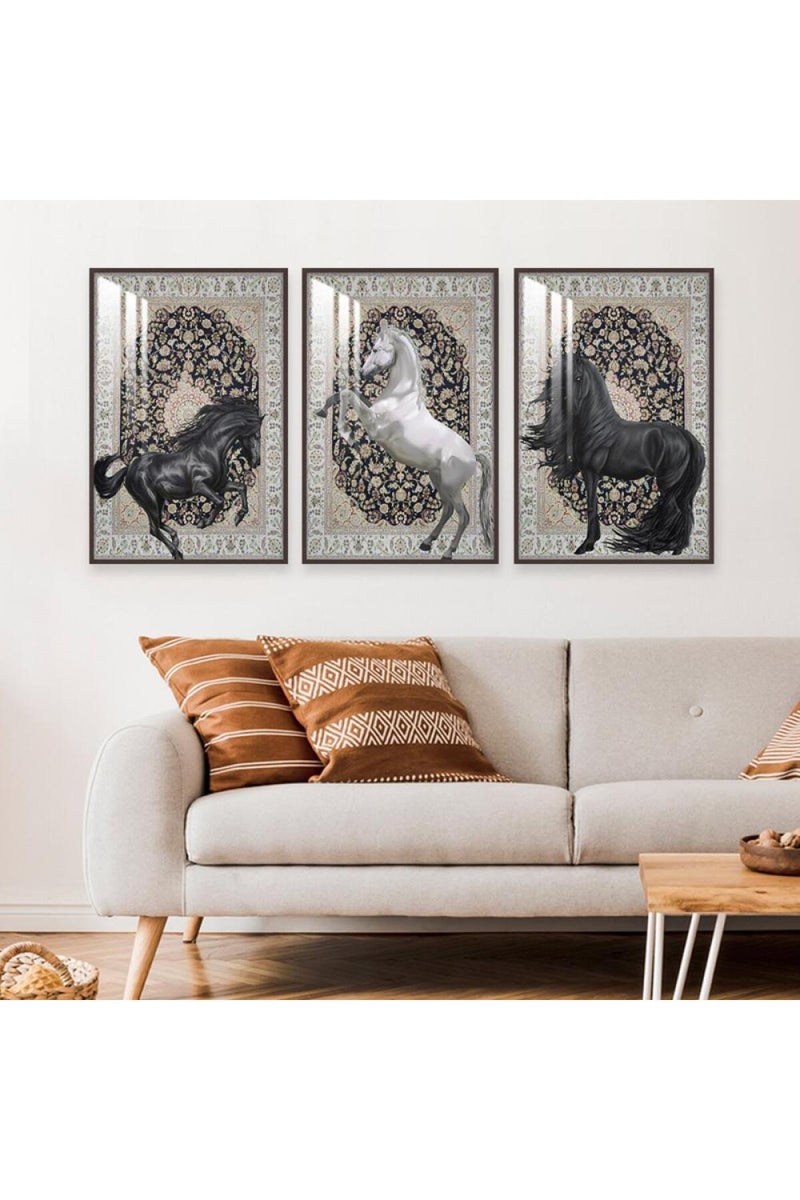Marktna Three wooden wall painting with a horse design, with a frame and a clear acrylic layer. - Image 1