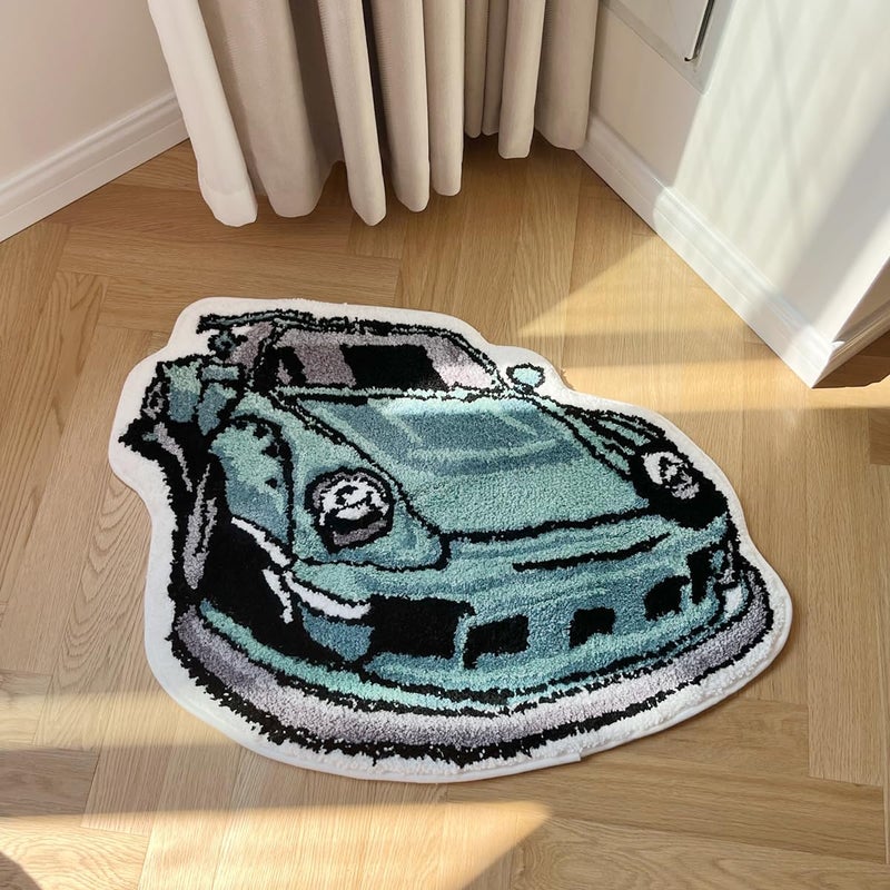 LAKEA Enthusiast Green Sports Car Shaped Flocking Rug Irregular Geometric Carpet Bed Side Anti Slip Floor Pad Doormat Aesthetic Home 315 X24 Inch - Image 2