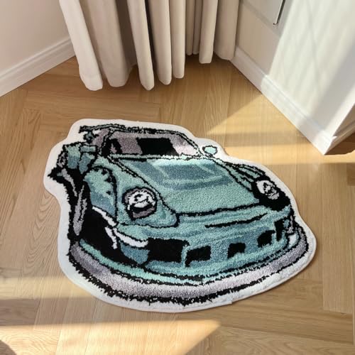 LAKEA Enthusiast Green Sports Car Shaped Flocking Rug Irregular Geometric Carpet Bed Side Anti Slip Floor Pad Doormat Aesthetic Home 315 X24 Inch - Image 1