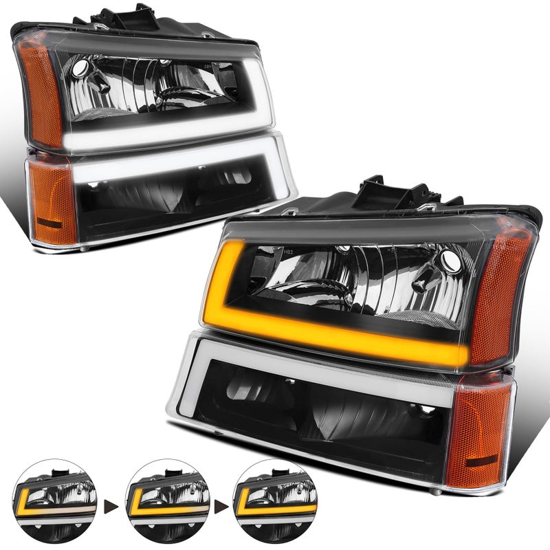 KUIPERAUTO Headlight Assembly Compatible for 2003-2006 Chevy Avalanche Compatible for 03-2007 Silverado 1500 2500 3500 Led DRL Front Lamp w/Sequential Turn light Black Housing/Clear Lens/Amber Cornor - Image 1