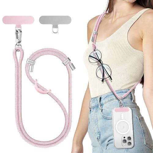 SURPHY Phone Lanyard, Adjustable Phone Strap Crossbody with 2 Pack Cell Phone Tether Tab, Premium Metal Buckles, Skin-Friendly, Universal Cell Phone Lanyard Crossbody for Women and Men, Pink - Image 1