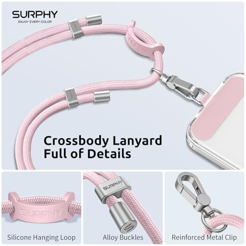 SURPHY Phone Lanyard, Adjustable Phone Strap Crossbody with 2 Pack Cell Phone Tether Tab, Premium Metal Buckles, Skin-Friendly, Universal Cell Phone Lanyard Crossbody for Women and Men, Pink - Image 2
