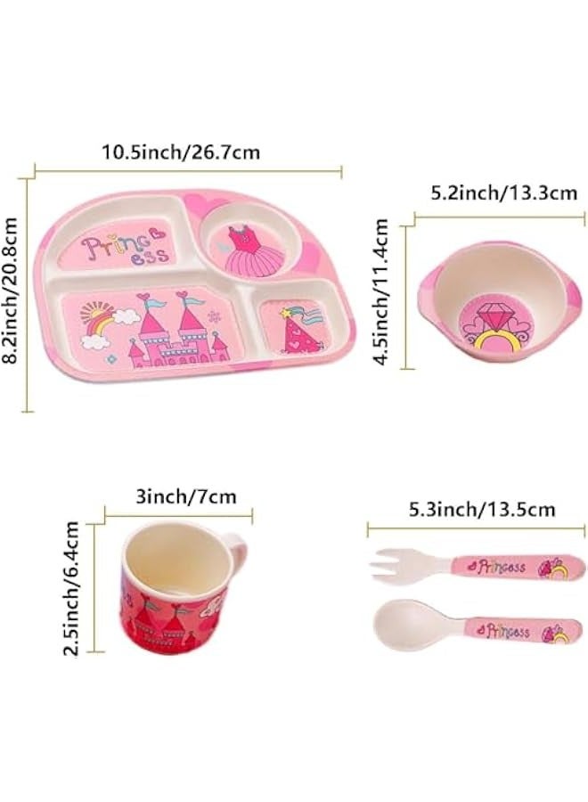 TRASSLE 5Pcs/Set Kids Cartoon Dinnerware Set - Children Dishes Food Plate Bowl Cup Spoon Fork Set, Dishwasher Safe, Kids Dishware Tableware Healthy Mealtime, BPA Free (Pink) - Image 2