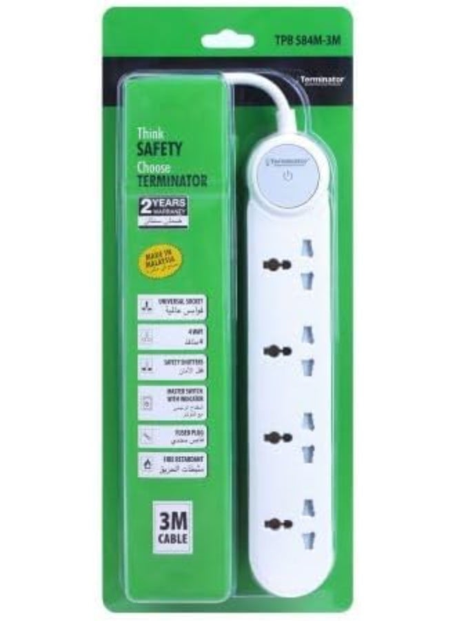 ترمينيتور Terminator 4-way universal power extension socket with master switch, LED indicator, 3M cable, and 13A fused plug - Image 2