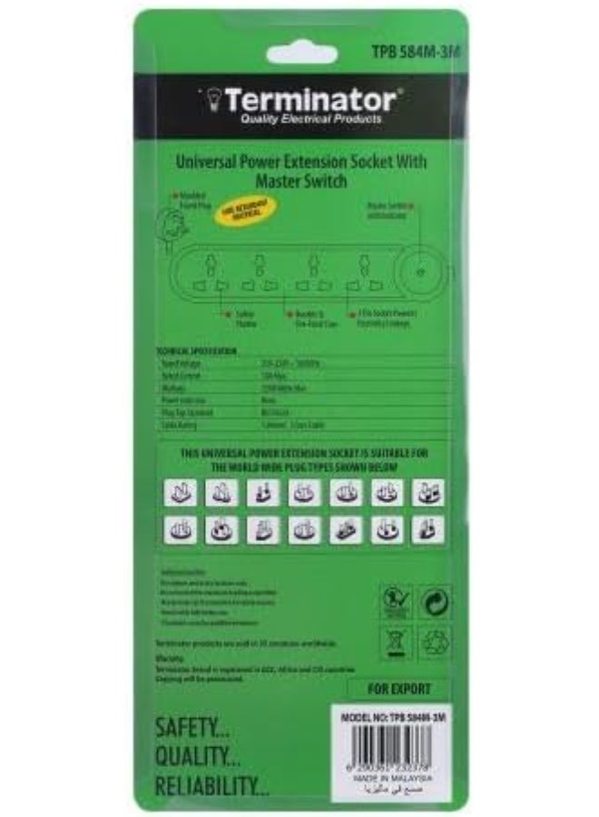 ترمينيتور Terminator 4-way universal power extension socket with master switch, LED indicator, 3M cable, and 13A fused plug - Image 3