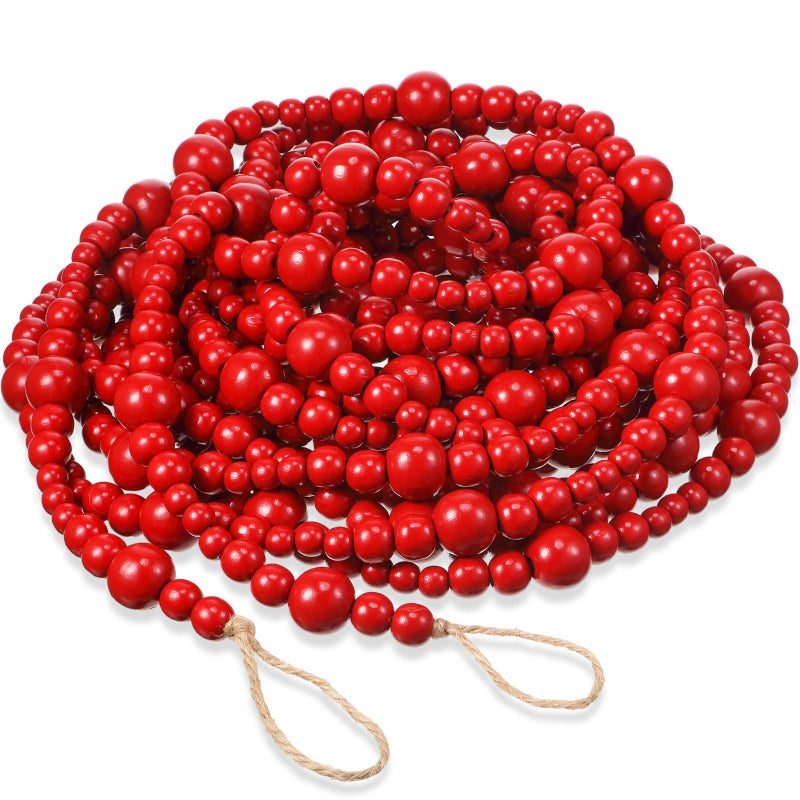 Giegxin 1 Pcs 328 Feet Christmas Wooden Bead Garland Xmas Tree Beads Garland Rustic Wood Beaded Decor for Christmas Holiday Rustic Home Farmhouse Decoration Red