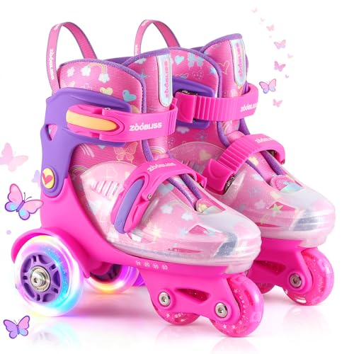 ZOOBLISS Kids Roller Skates for Beginners - ZOOBLISS Toddler Roller Skates for Girls Ages 3-7 with Light-Up Wheels & 4 Adjustable Sizes, Tri-Wheel Training Skates for Kids (Butterfly Pink) - Image 1