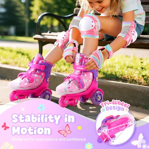 ZOOBLISS Kids Roller Skates for Beginners - ZOOBLISS Toddler Roller Skates for Girls Ages 3-7 with Light-Up Wheels & 4 Adjustable Sizes, Tri-Wheel Training Skates for Kids (Butterfly Pink) - Image 3