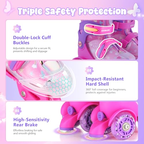 ZOOBLISS Kids Roller Skates for Beginners - ZOOBLISS Toddler Roller Skates for Girls Ages 3-7 with Light-Up Wheels & 4 Adjustable Sizes, Tri-Wheel Training Skates for Kids (Butterfly Pink) - Image 5