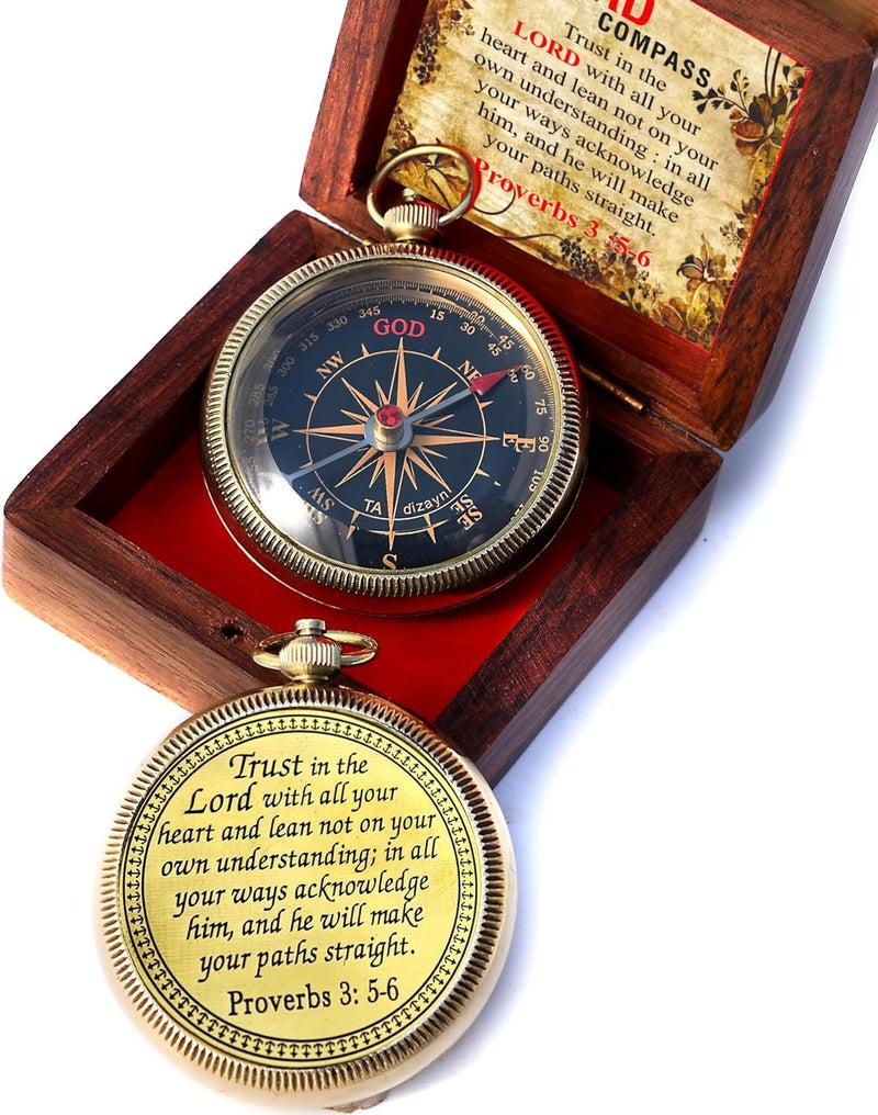 TA dizayn Trust in The Lord with All Your Heart -Proverbs 3: 5-6 Quote Engraved Compass with Wooden Box, Camping Compass, Gift Compass, Gifts for Men -Graduation Gifts 2025 Compass for Women Mens Boy Girls - Image 1