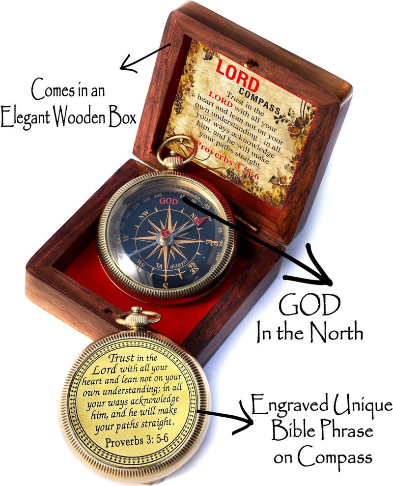 TA dizayn Trust in The Lord with All Your Heart -Proverbs 3: 5-6 Quote Engraved Compass with Wooden Box, Camping Compass, Gift Compass, Gifts for Men -Graduation Gifts 2025 Compass for Women Mens Boy Girls - Image 2