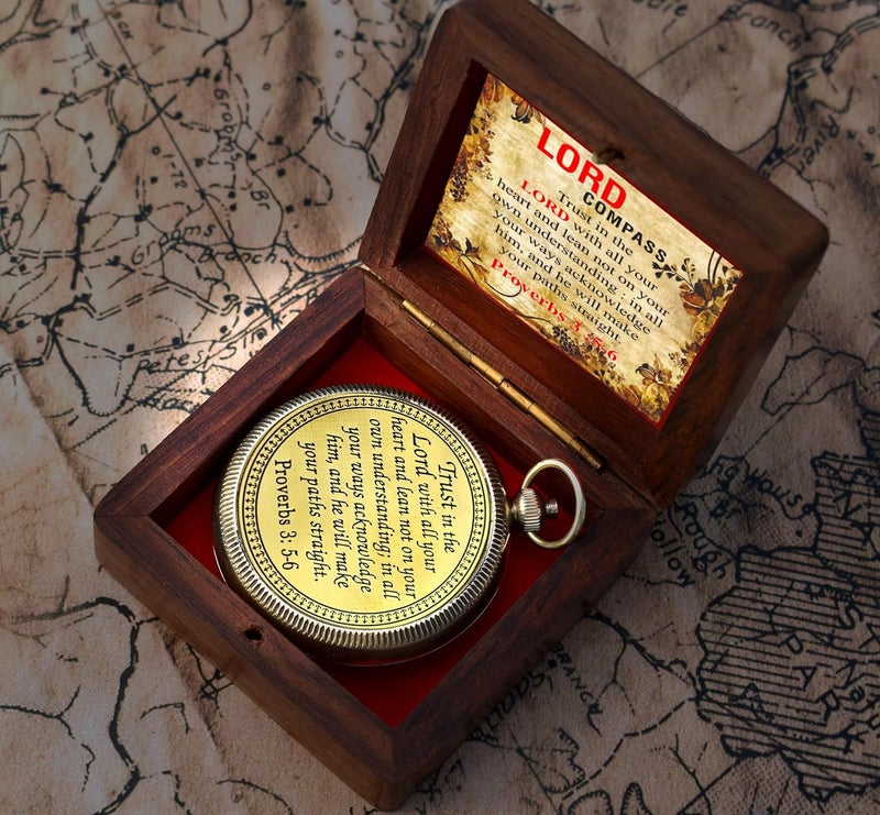 TA dizayn Trust in The Lord with All Your Heart -Proverbs 3: 5-6 Quote Engraved Compass with Wooden Box, Camping Compass, Gift Compass, Gifts for Men -Graduation Gifts 2025 Compass for Women Mens Boy Girls - Image 3