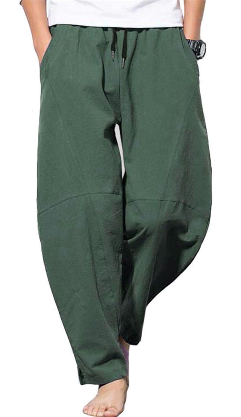 PACEIADTA Men's Linen Pants Casual Elastic Waist Drawstring Beach Trousers (Medium, Dark Green) - Image 1