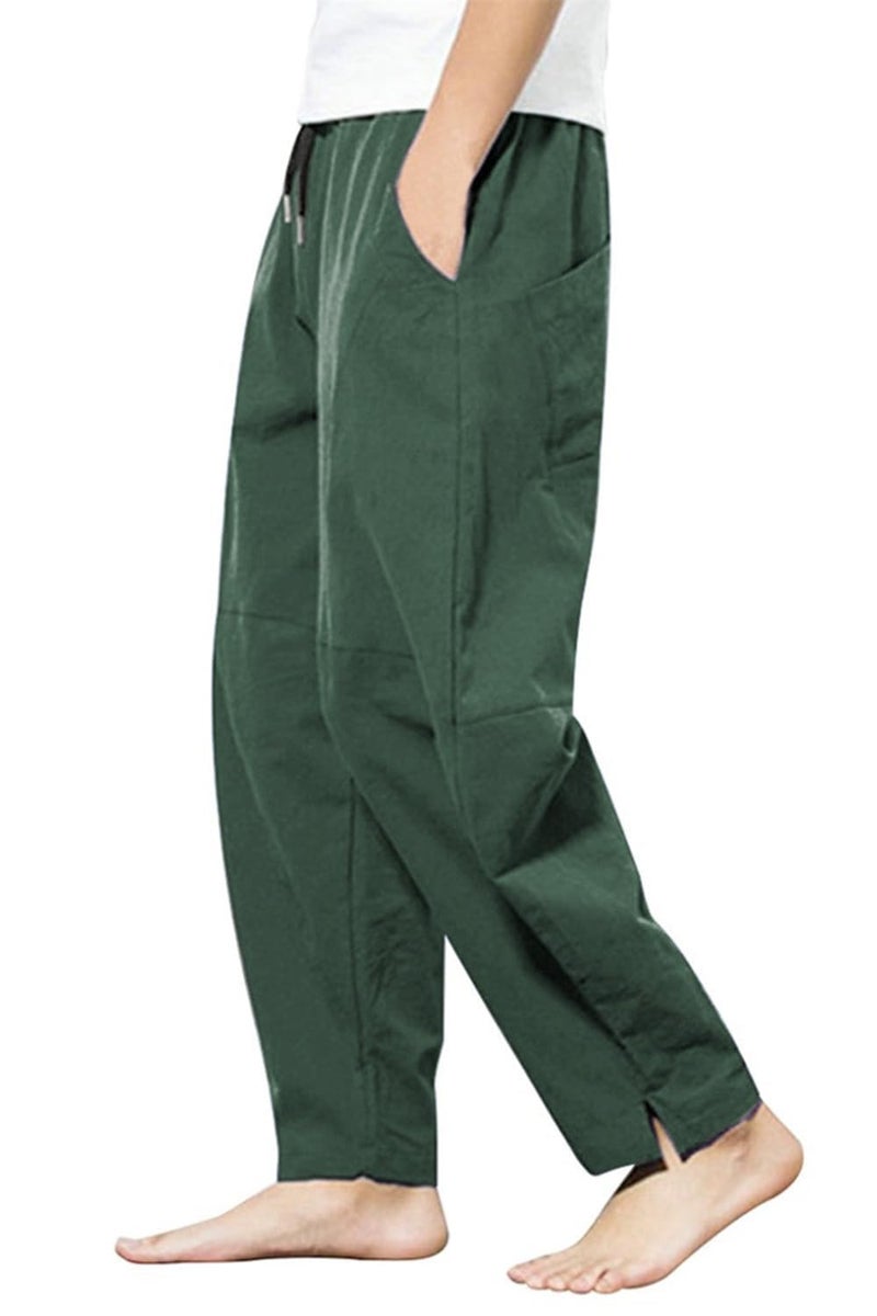 PACEIADTA Men's Linen Pants Casual Elastic Waist Drawstring Beach Trousers (Medium, Dark Green) - Image 3