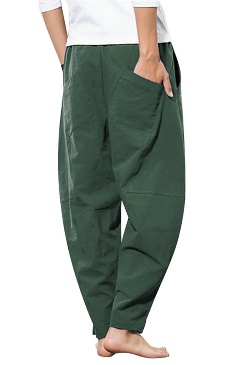 PACEIADTA Men's Linen Pants Casual Elastic Waist Drawstring Beach Trousers (Medium, Dark Green) - Image 2