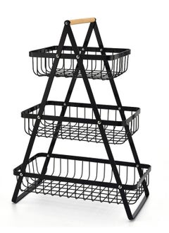 TYCOM Fruit Basket for Kitchen Countertop 2 Tier Portable Metal Wire Storage Rack with Wooden Handle Detachable Rectangle Basket for Kitchen Organizer Storage Bread Snacks Fruits 3 Layer Black.  - Image 1