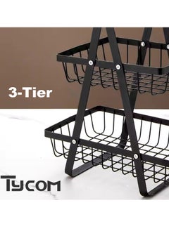 TYCOM Fruit Basket for Kitchen Countertop 2 Tier Portable Metal Wire Storage Rack with Wooden Handle Detachable Rectangle Basket for Kitchen Organizer Storage Bread Snacks Fruits 3 Layer Black.  - Image 2