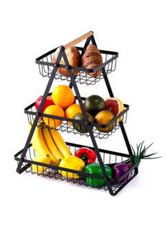 TYCOM Fruit Basket for Kitchen Countertop 2 Tier Portable Metal Wire Storage Rack with Wooden Handle Detachable Rectangle Basket for Kitchen Organizer Storage Bread Snacks Fruits 3 Layer Black.  - Image 3