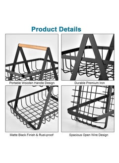 TYCOM Fruit Basket for Kitchen Countertop 2 Tier Portable Metal Wire Storage Rack with Wooden Handle Detachable Rectangle Basket for Kitchen Organizer Storage Bread Snacks Fruits 3 Layer Black.  - Image 5