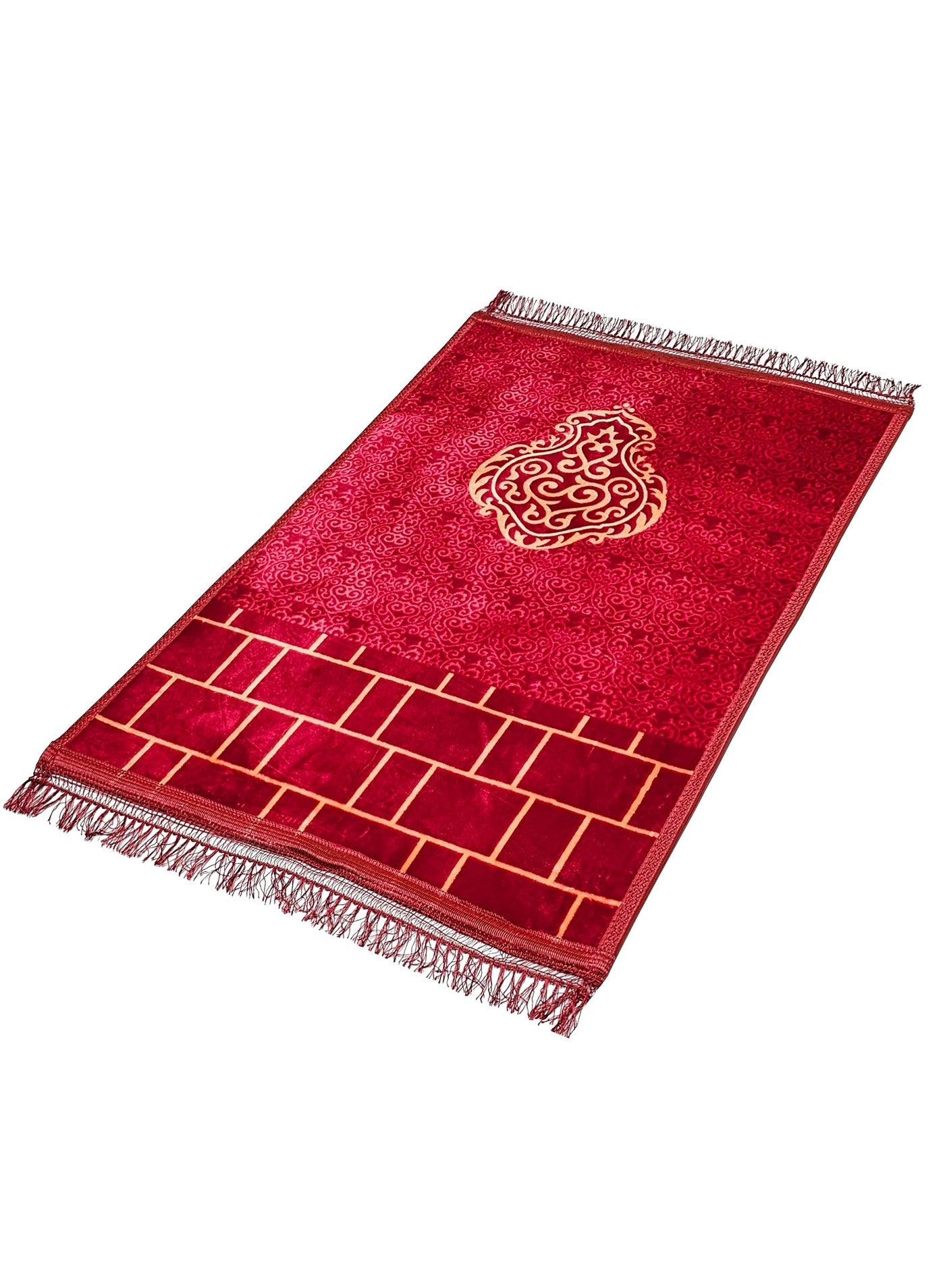 Islamic Prayer Mat Printed 70x110cm Smooth Velvet Texture Anti-Slip Premium Prayer Rug Compact Size Musalla for Men Women Kids Eid Gift Ramadan Carpet Dark Red