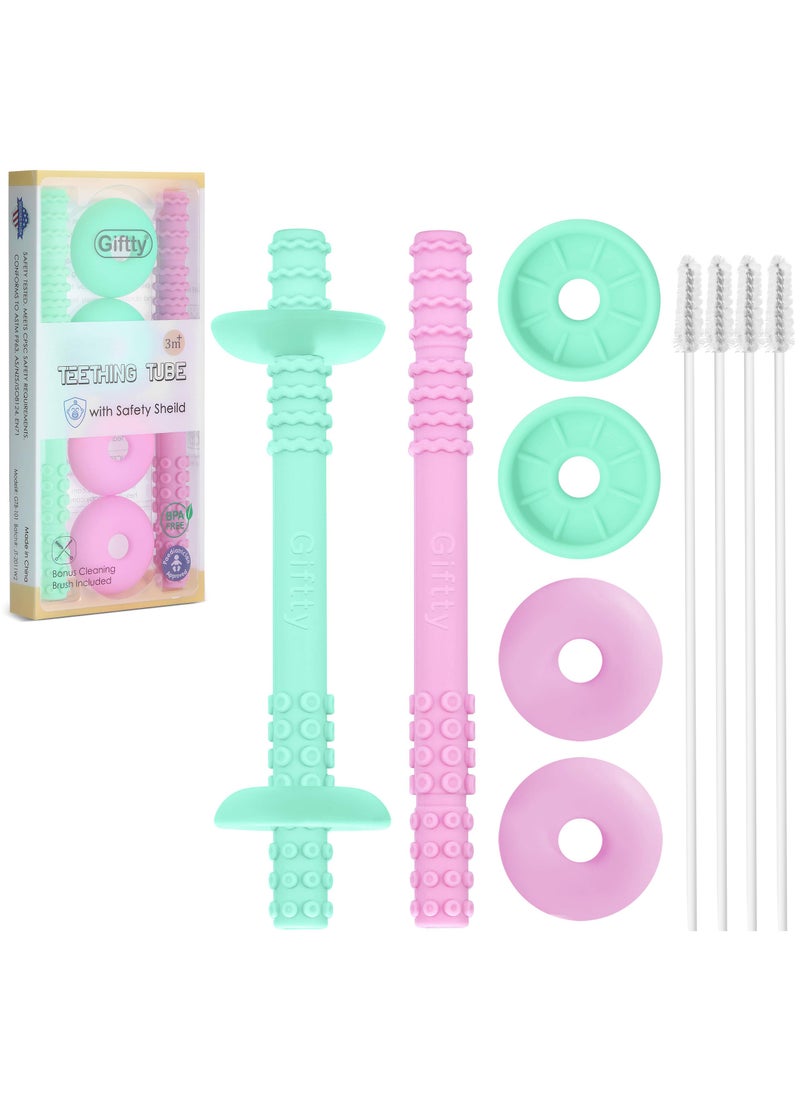 Giftty Giftty Teething Tube with Safety Shield Baby Hollow Teether Sensory Toys Gum Massager, Food-Grade Silicone for Infant 3-12 Months Boys Girls, 1 Pair with 4 Cleaning Brush Included (Cyan+Orchid)  - Image 1
