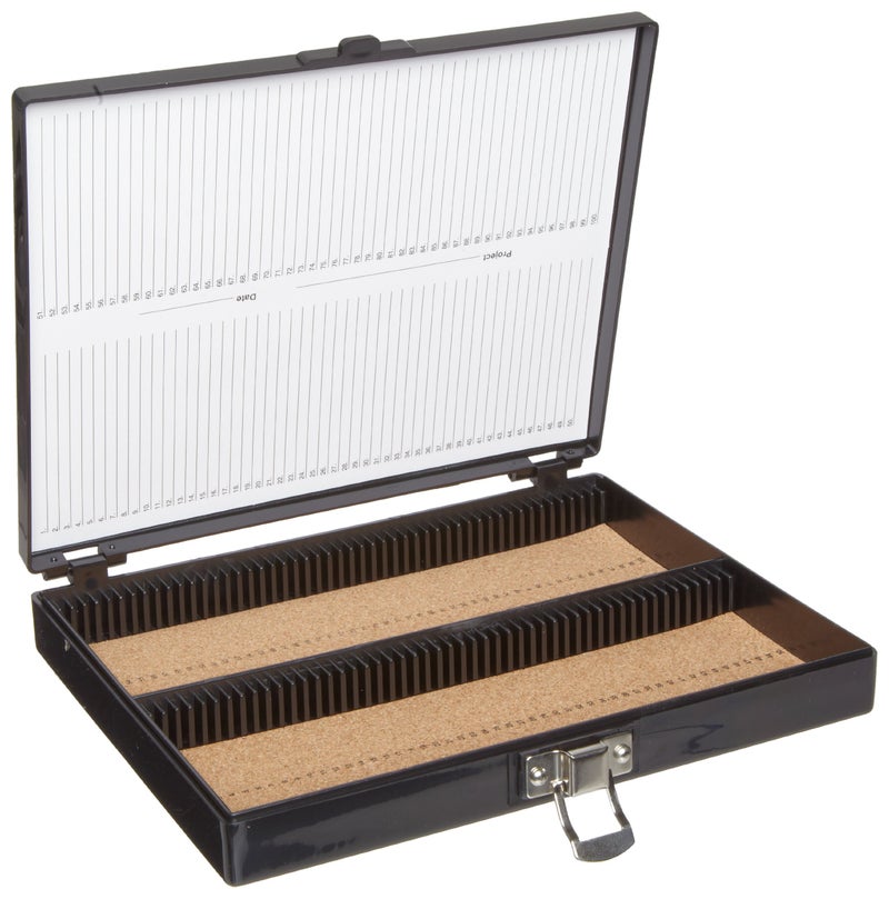 Heathrow Scientific 100 Place Microscope Slide Box, Cork Lining, Nickel-Plated Clasp, Black - Image 1