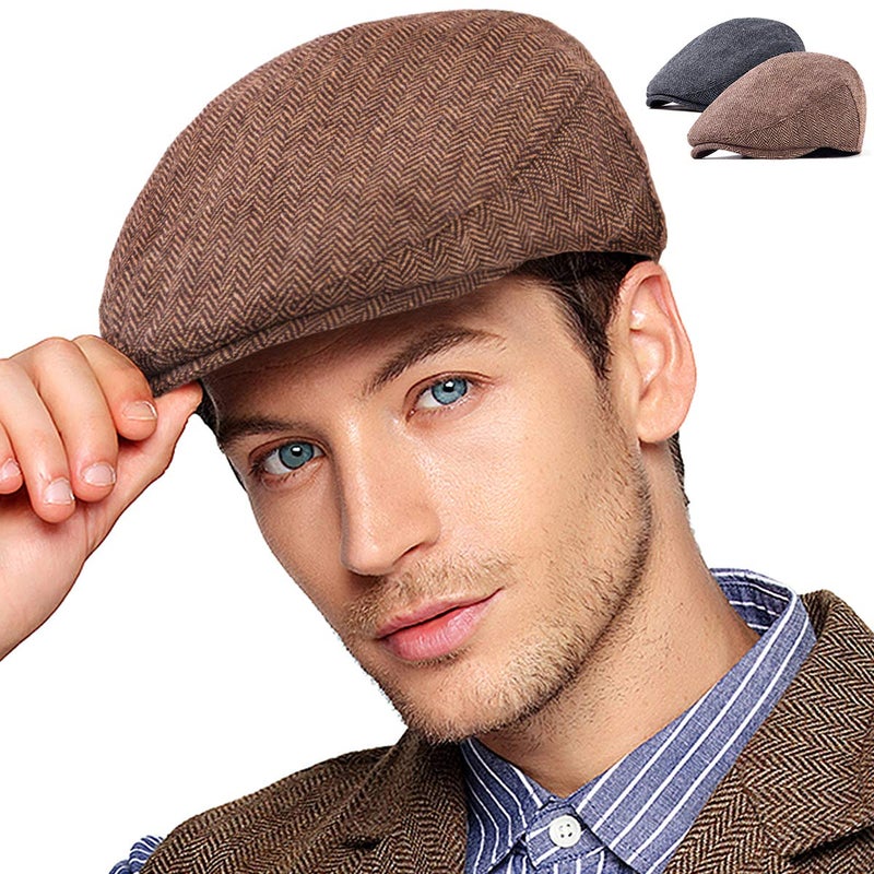 LADYBRO 2Pack Adjustable Newsboy Hats for Men Flat Cap Mens Irish Cabbie Gatsby Tweed Ivy, Filled Quilted Lining Black+brown 2pack, 7 7/8 - Image 1