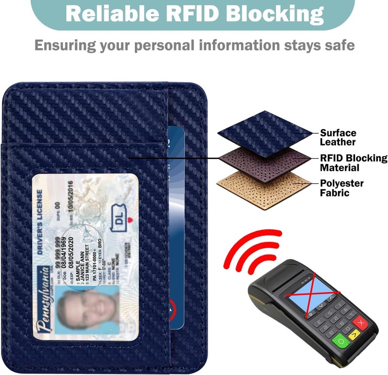 Hot Cool Slim Wallet for Men, Minimalist Front Pocket Simple Leather Credit Card Holder RFID Blocking for Men & Women, Thin Organizer Gifts, Carbon Fiber - Navy Blue - Image 4