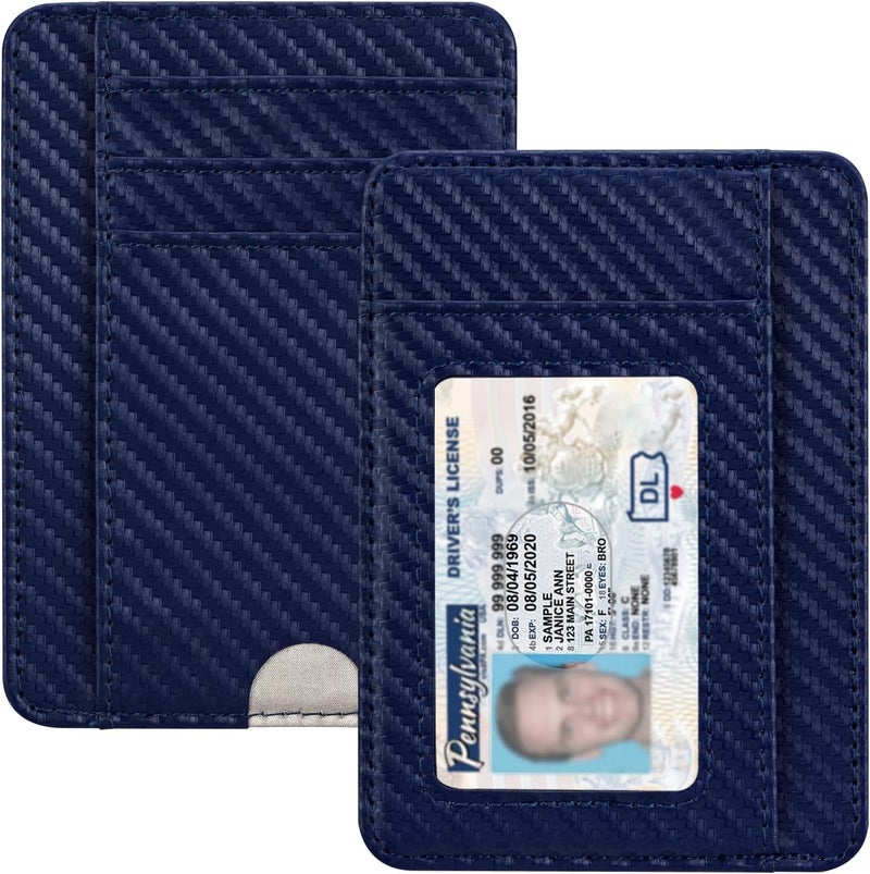 Hot Cool Slim Wallet for Men, Minimalist Front Pocket Simple Leather Credit Card Holder RFID Blocking for Men & Women, Thin Organizer Gifts, Carbon Fiber - Navy Blue - Image 1